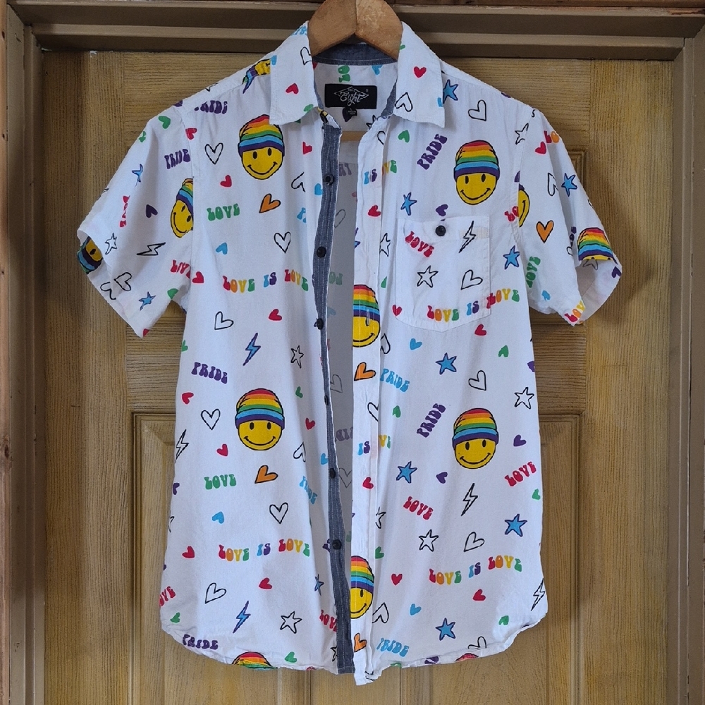 Eighty Eight Gay Pride Smiley Face Short Sleeve Button Up Pocket LGBTQ+ Shirt